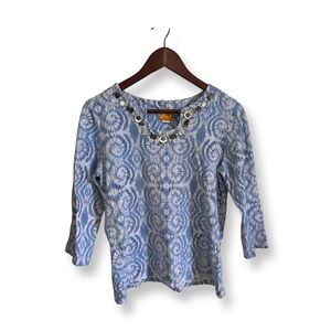 Ruby Rd. Blue Patterned Beaded Blouse